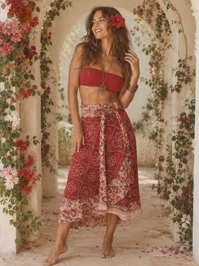 HANDMADE✌Boho WRAP Tie-Waist Midi Skirt MADE from SARI Fits Sz Small/Extra Lge